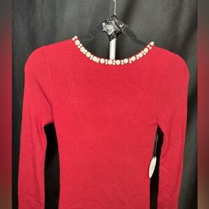 Red Sweater with Pearl Embellishments